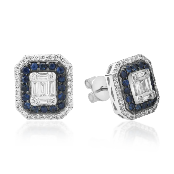 Cercei din aur alb cu diamante baguette si rotunde de 0.257ct si safire de 0.444ct