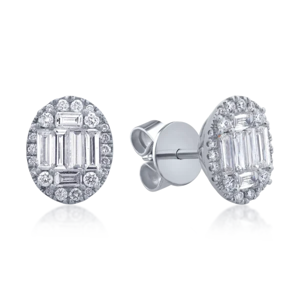 Cercei din aur alb cu diamante baguette si rotunde de 0.3ct