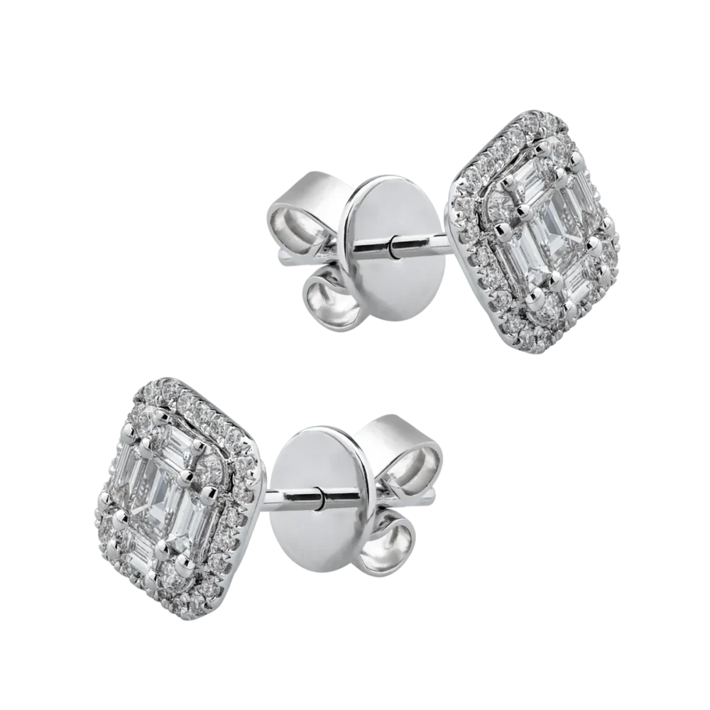 Cercei din aur alb cu diamante baguette si rotunde de 0.55ct