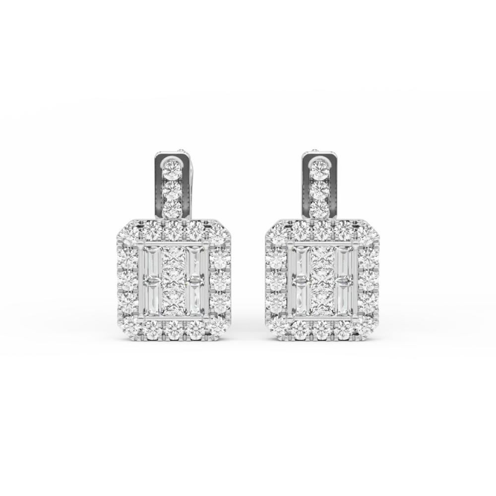 Cercei din aur alb cu diamante princess,baguette si rotunde de 0.74ct - imagine 2