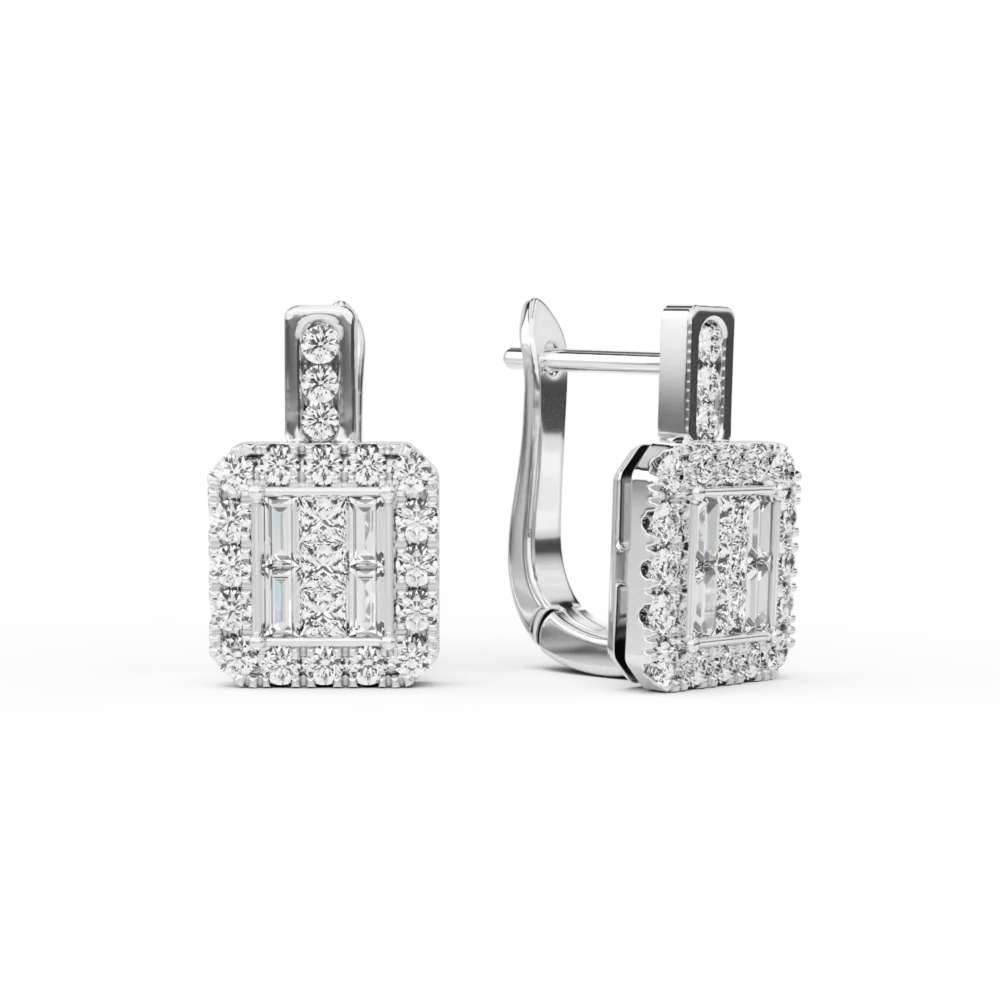 Cercei din aur alb cu diamante princess,baguette si rotunde de 0.74ct