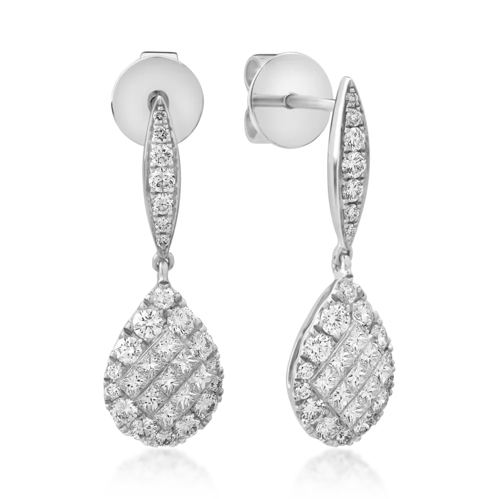 Cercei din aur alb cu diamante princess si rotunde de 1.24ct