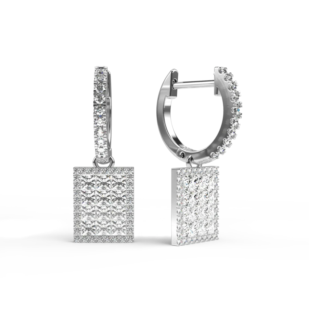 Cercei din aur alb cu diamante princess si rotunde de 1.32ct