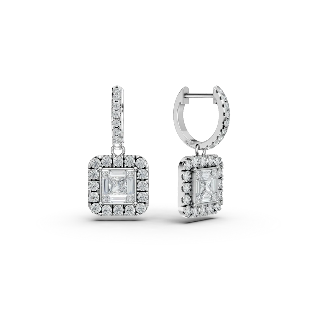 Cercei din aur alb cu diamante princess,baguette si rotunde de 1.35ct