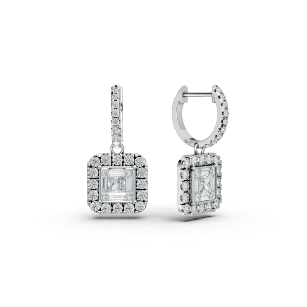 Cercei din aur alb cu diamante princess,baguette si rotunde de 1.35ct