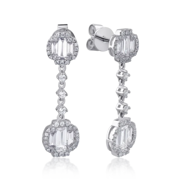 Cercei din aur alb cu diamante baguette si round de 1.36ct