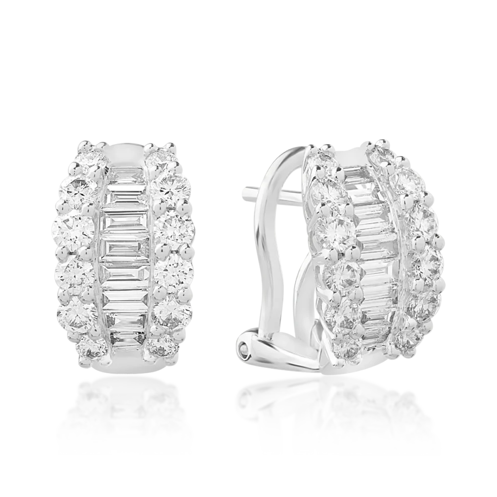 Cercei din aur alb cu diamante baguette si rotunde de 1.36ct