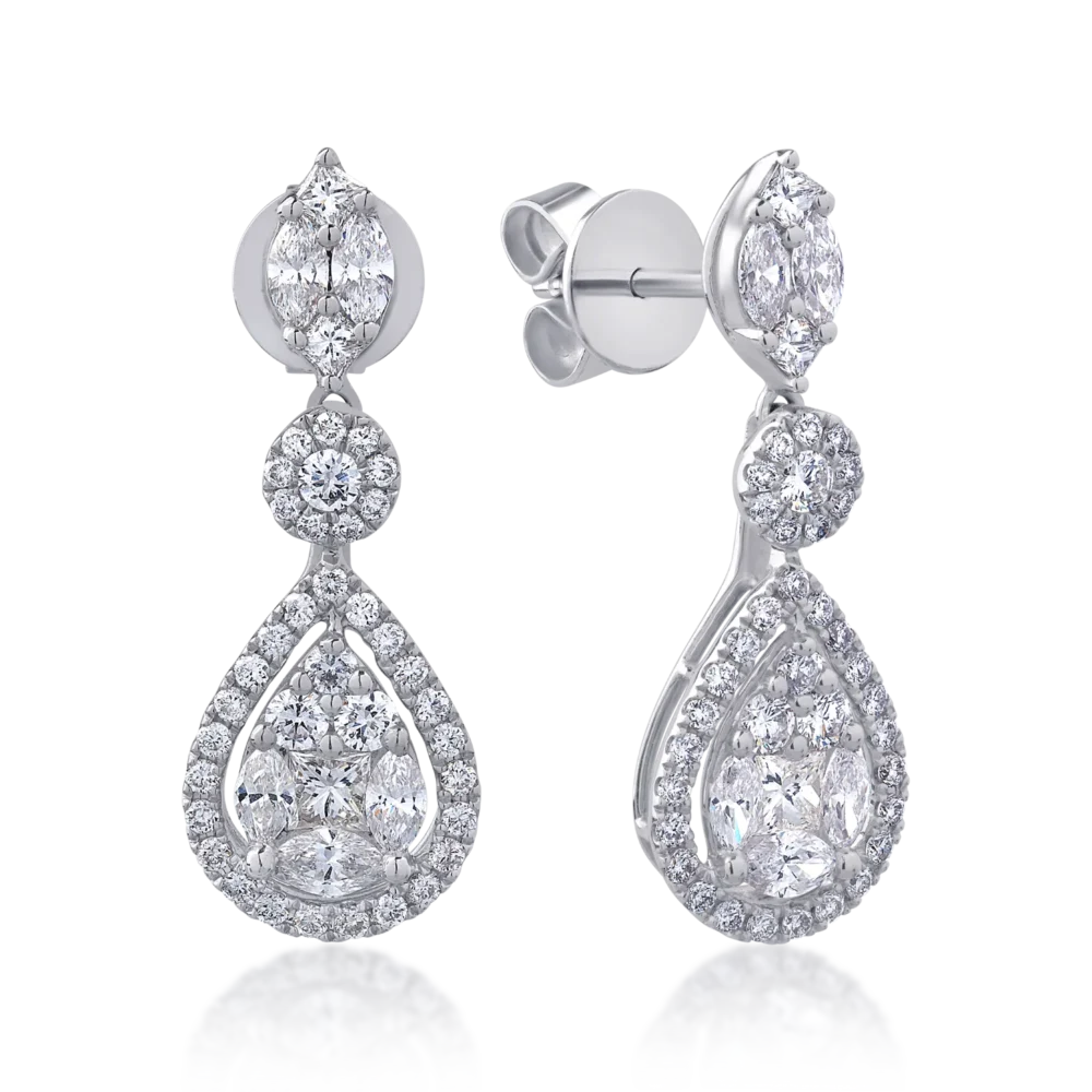 Cercei din aur alb cu diamante princess,marquise si rotunde de 1.83ct