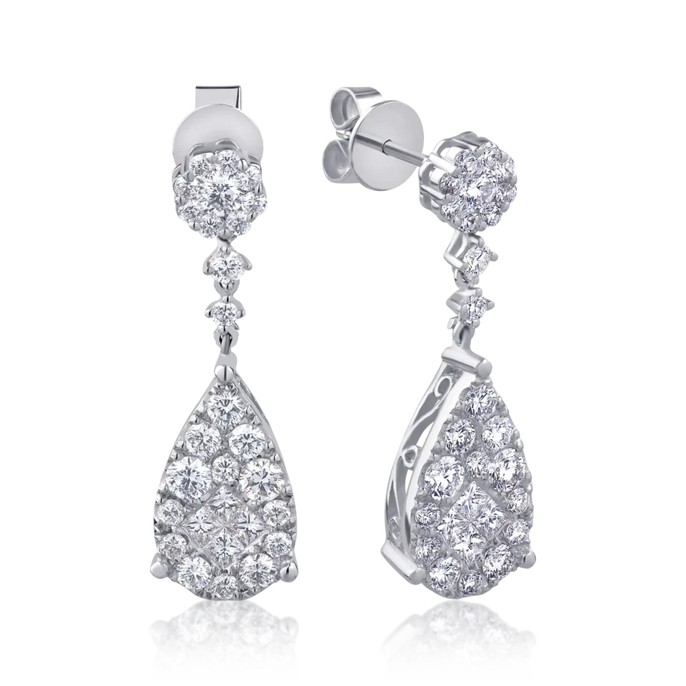 Cercei din aur alb cu diamante princess si round de 2.04ct