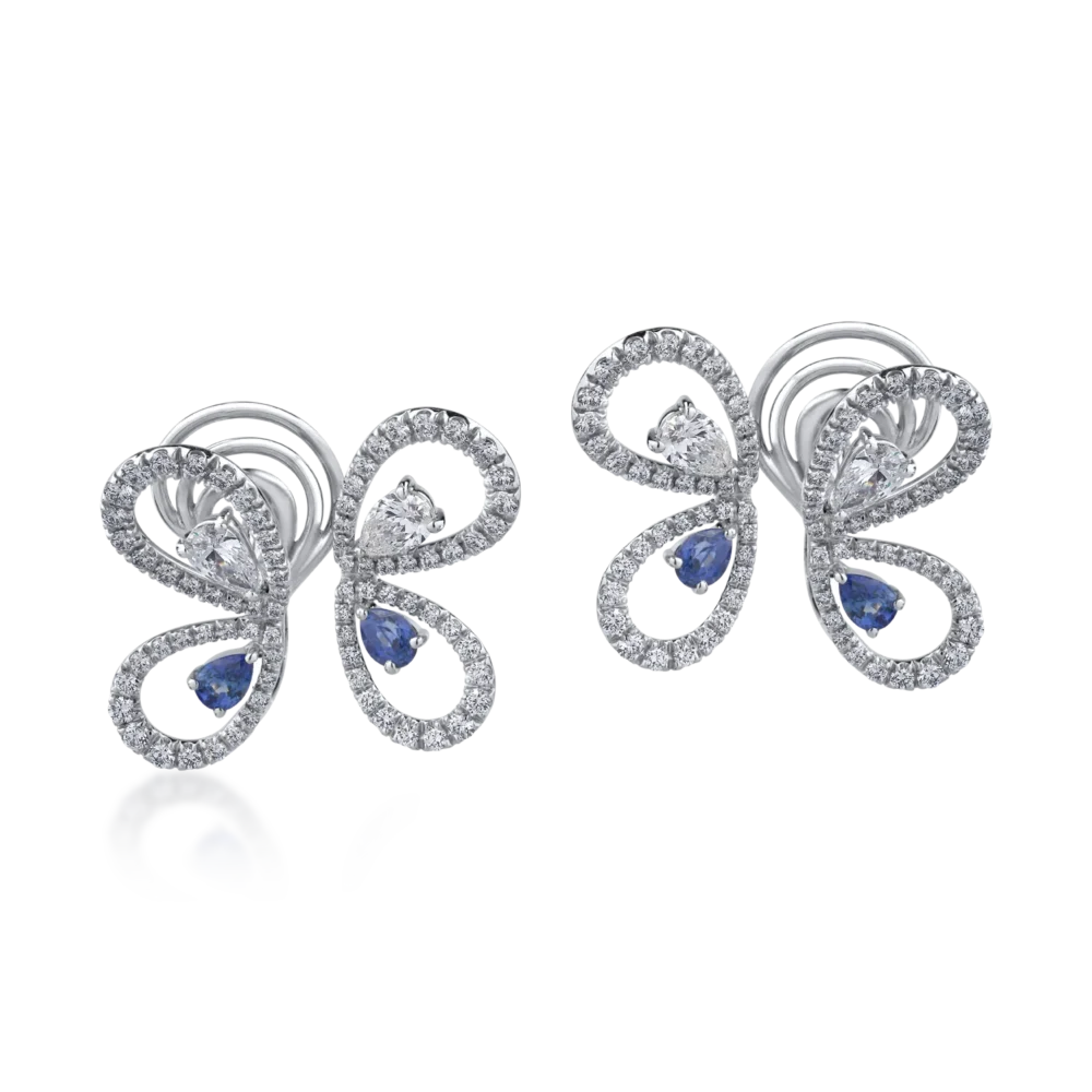 Cercei din aur alb cu diamante round si pear de 2.83ct si safire pear de 1.22ct - imagine 2