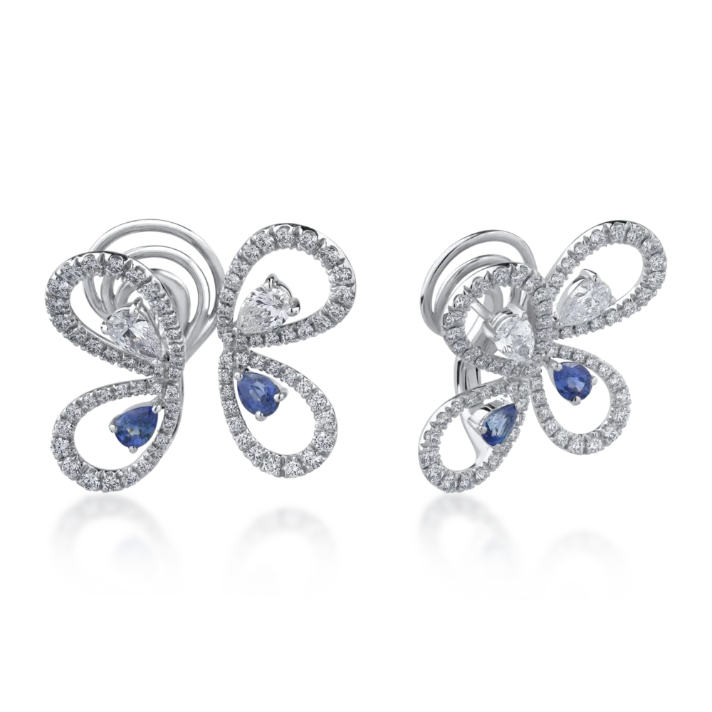 Cercei din aur alb cu diamante round si pear de 2.83ct si safire pear de 1.22ct