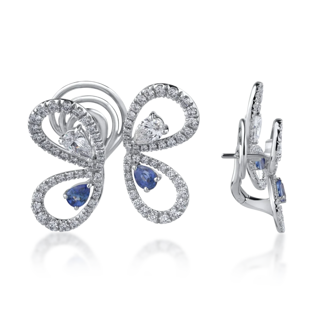 Cercei din aur alb cu diamante round si pear de 2.83ct si safire pear de 1.22ct - imagine 3