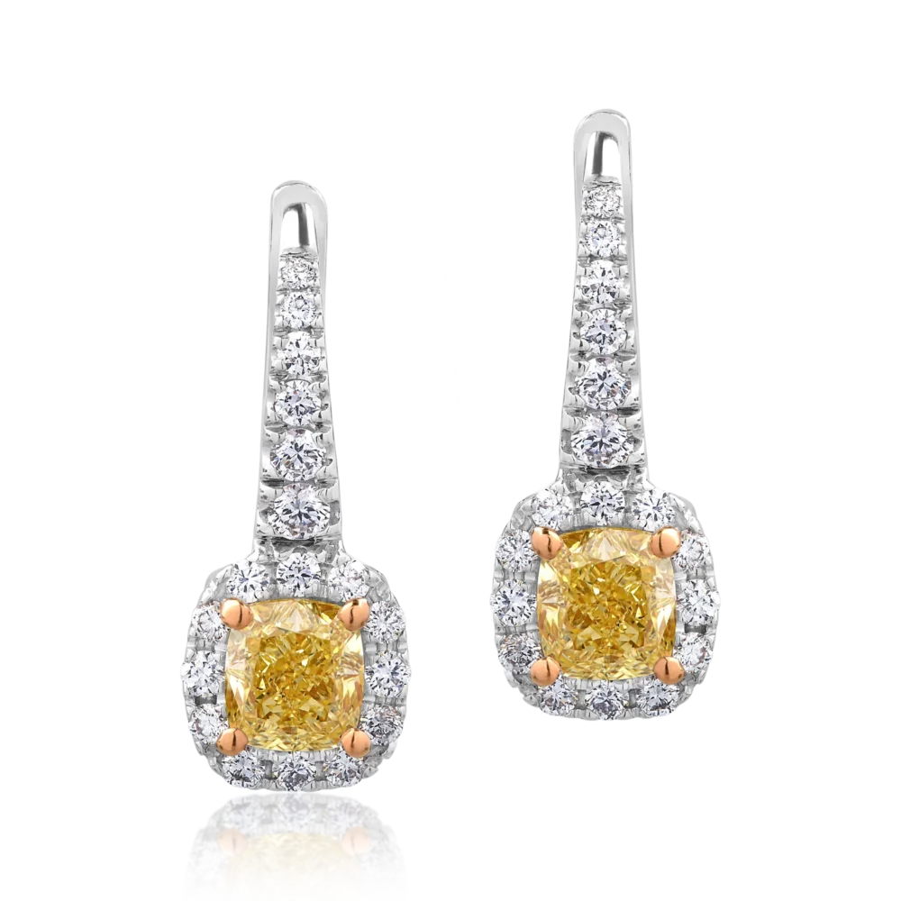 Cercei din aur alb cu diamante fancy-galbene radiant de 1.19ct si diamante incolore round de 0.52ct - imagine 2
