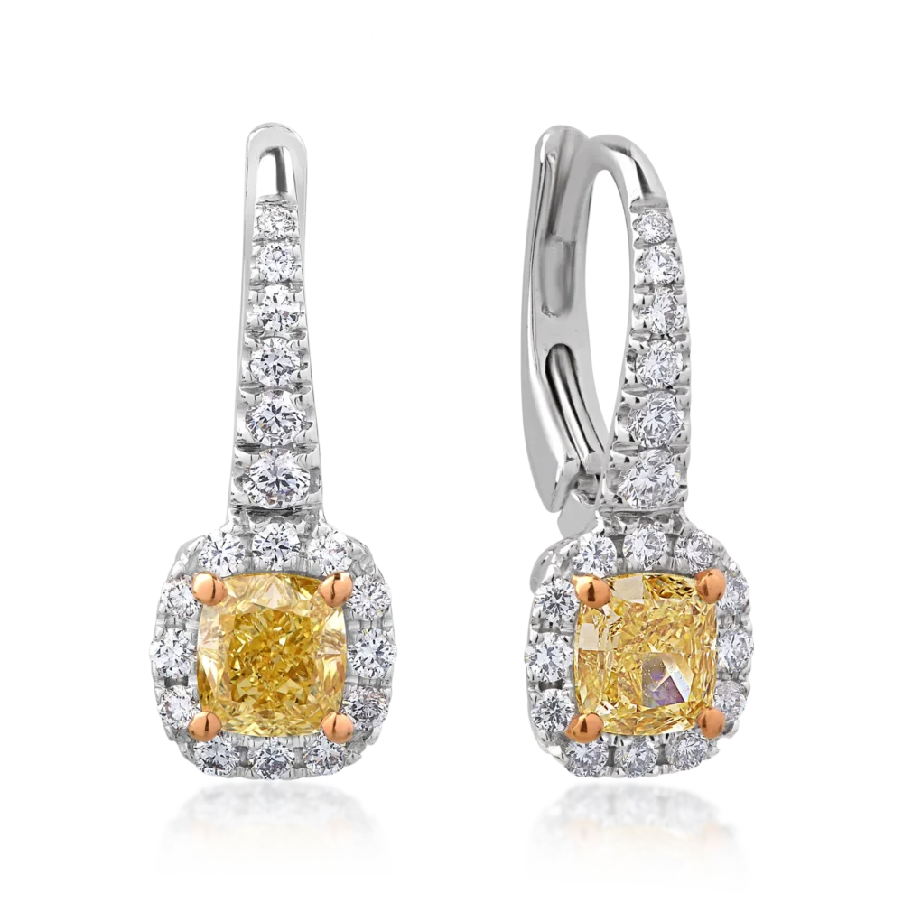 Cercei din aur alb cu diamante fancy-galbene radiant de 1.19ct si diamante incolore round de 0.52ct