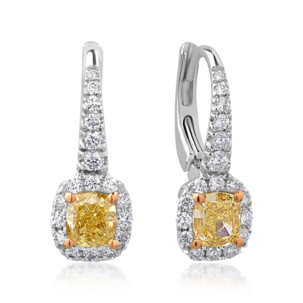 Cercei din aur alb cu diamante fancy-galbene radiant de 1.19ct si diamante incolore round de 0.52ct