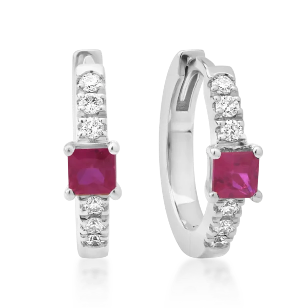 Cercei din aur alb cu rubine princess de 0.14ct si diamante de 0.06ct