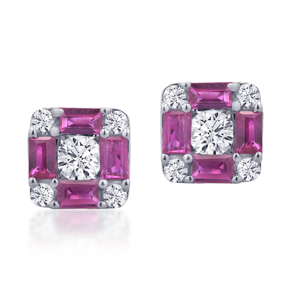 Cercei din aur alb cu rubine baguette de 0.94ct si diamante rotunde de 0.38ct - imagine 2