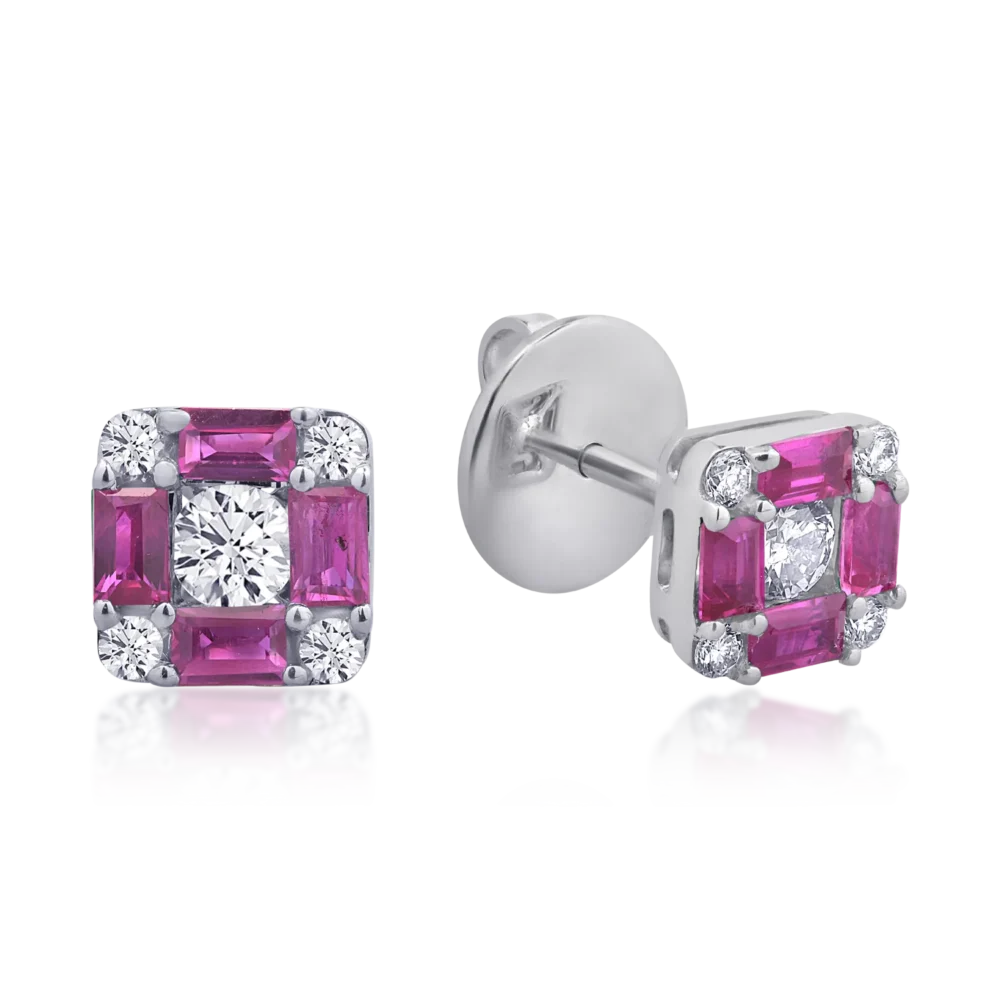 Cercei din aur alb cu rubine baguette de 0.94ct si diamante rotunde de 0.38ct