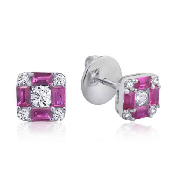 Cercei din aur alb cu rubine baguette de 0.94ct si diamante rotunde de 0.38ct