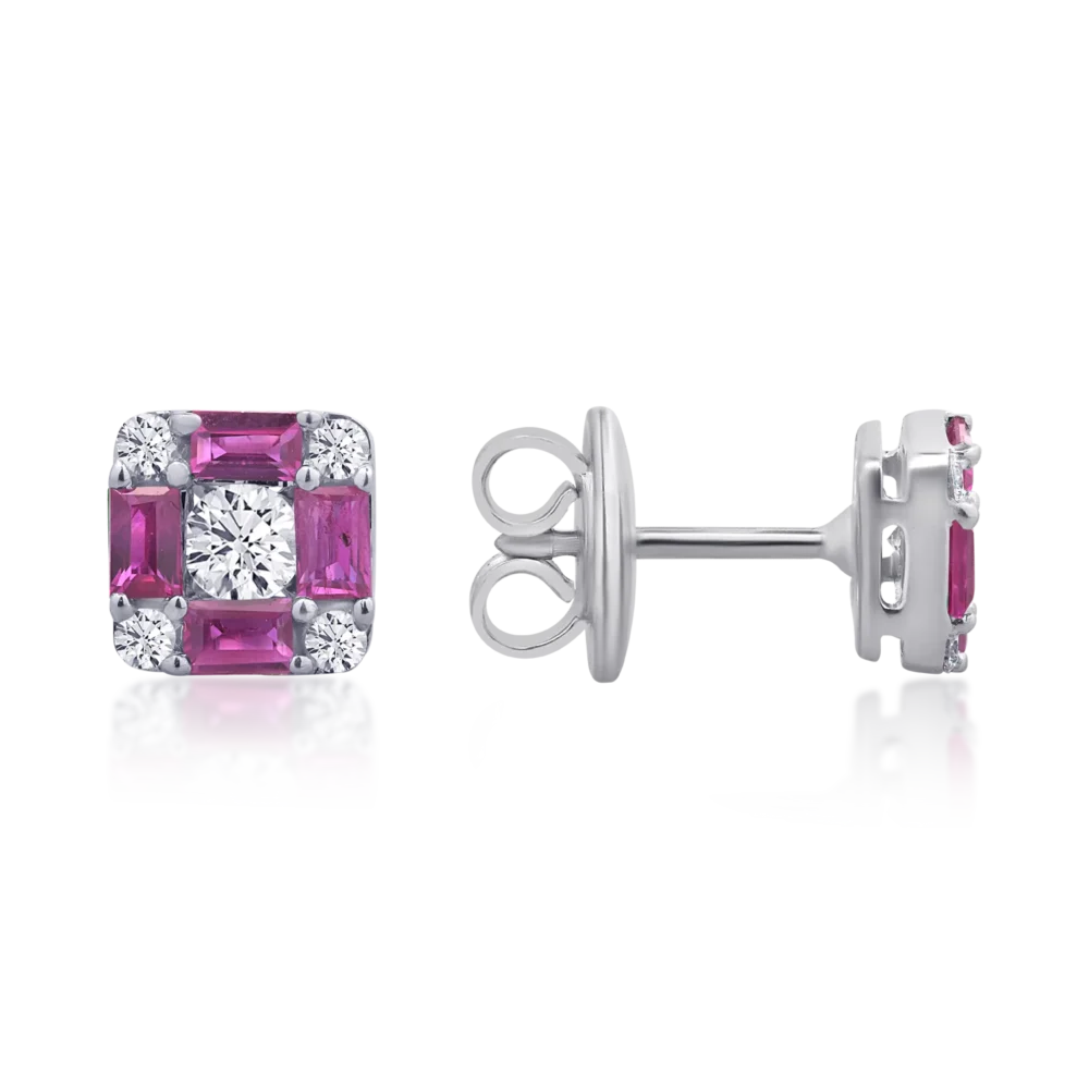 Cercei din aur alb cu rubine baguette de 0.94ct si diamante rotunde de 0.38ct - imagine 3