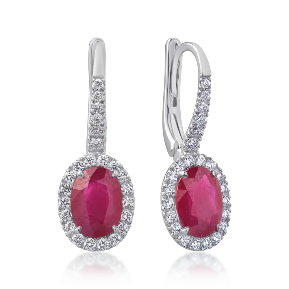 Cercei din aur alb cu rubine ovale de 3.12ct si diamante round de 0.46ct