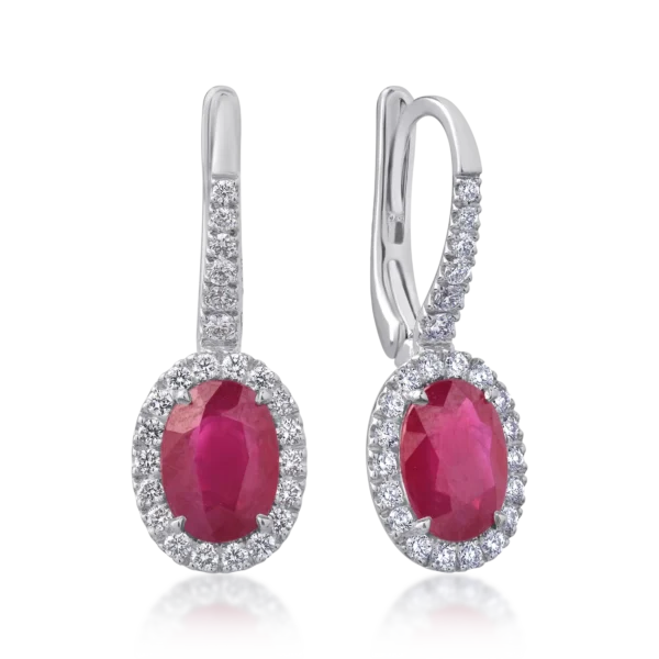 Cercei din aur alb cu rubine ovale de 3.12ct si diamante round de 0.46ct
