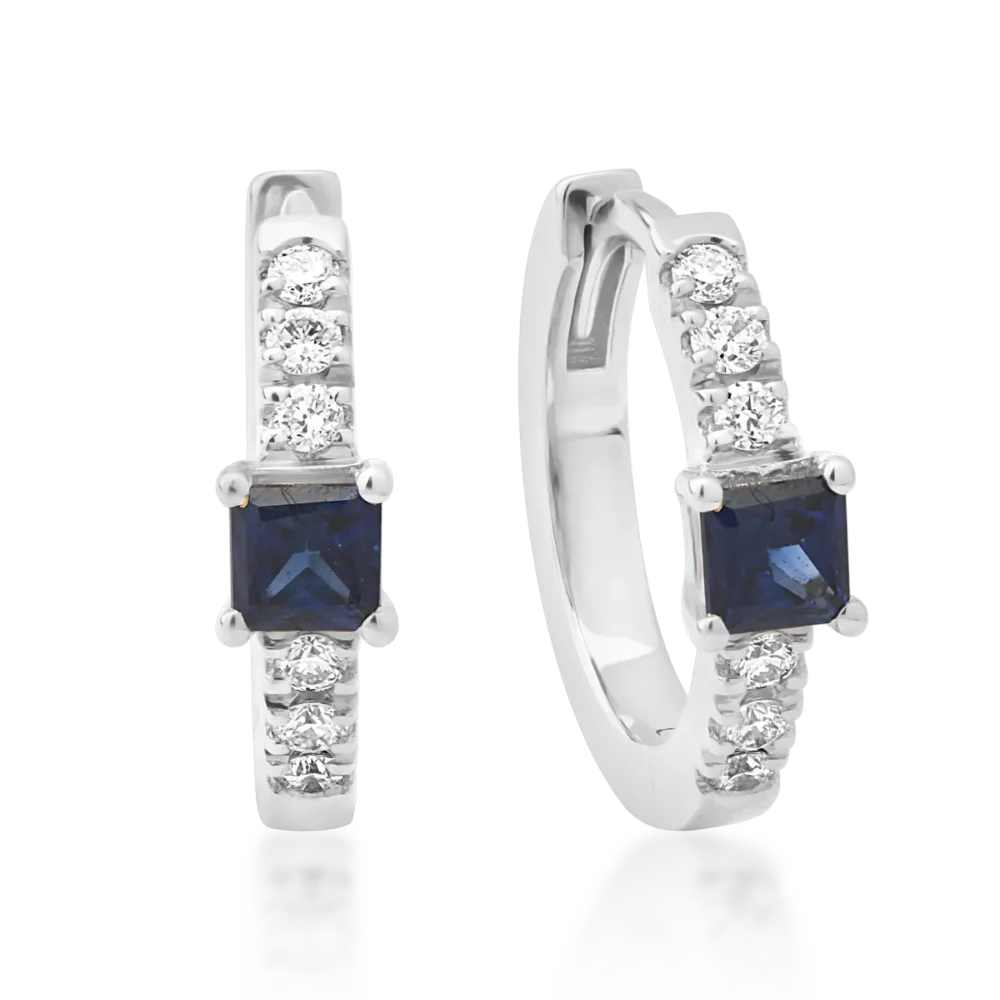 Cercei din aur alb cu safire princess de 0.15ct si diamante de 0.06ct