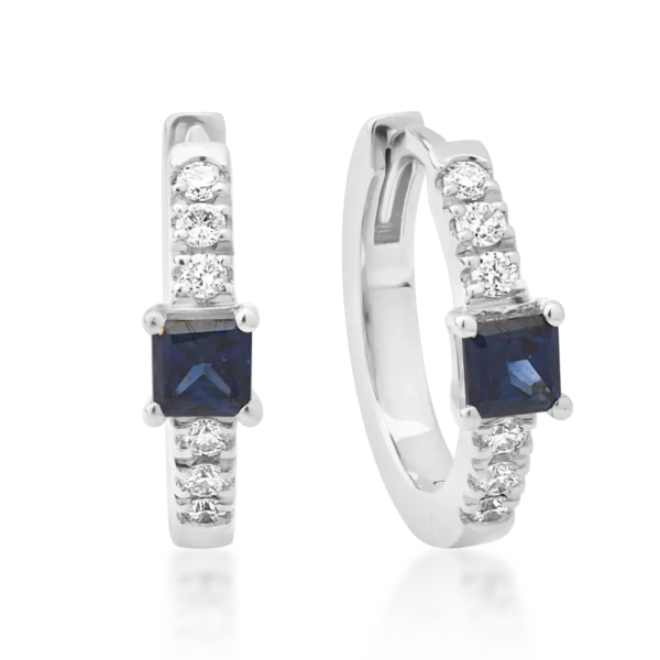 Cercei din aur alb cu safire princess de 0.15ct si diamante de 0.06ct