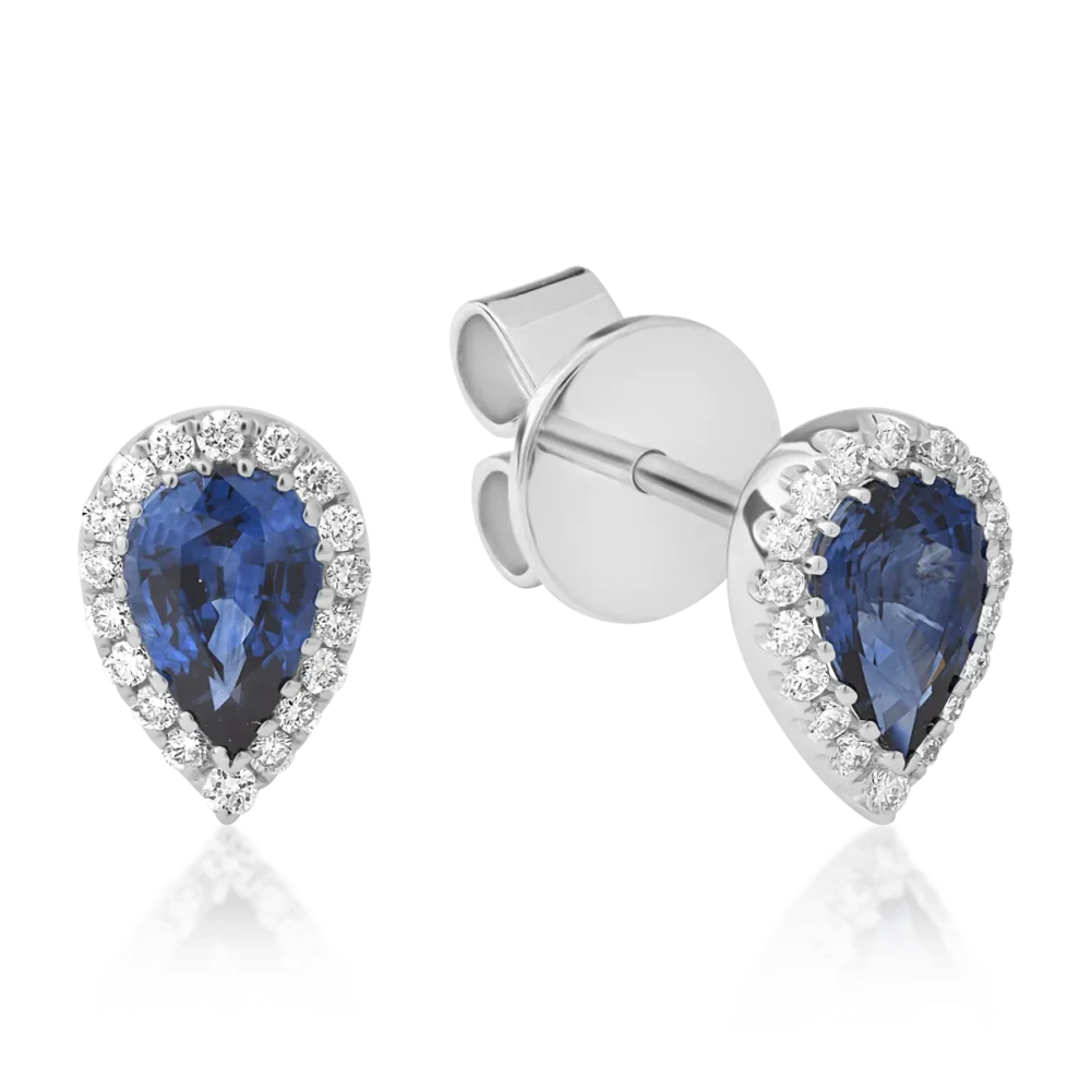 Cercei din aur alb cu safire pear de 0.88ct si diamante de 0.15ct
