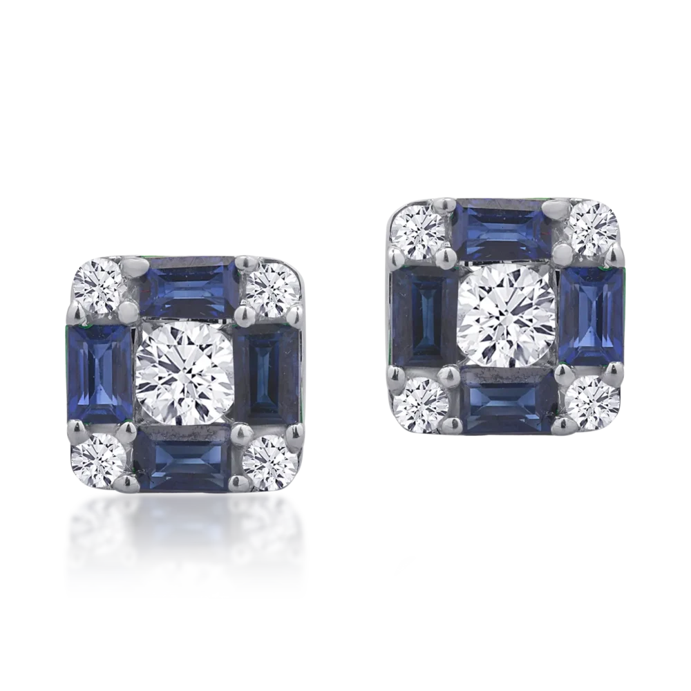 Cercei din aur alb cu safire baguette de 0.8ct si diamante rotunde de 0.38ct - imagine 2