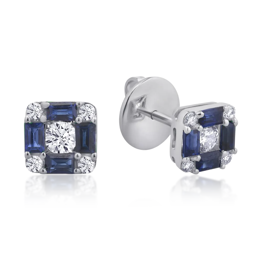 Cercei din aur alb cu safire baguette de 0.8ct si diamante rotunde de 0.38ct