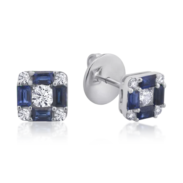 Cercei din aur alb cu safire baguette de 0.8ct si diamante rotunde de 0.38ct