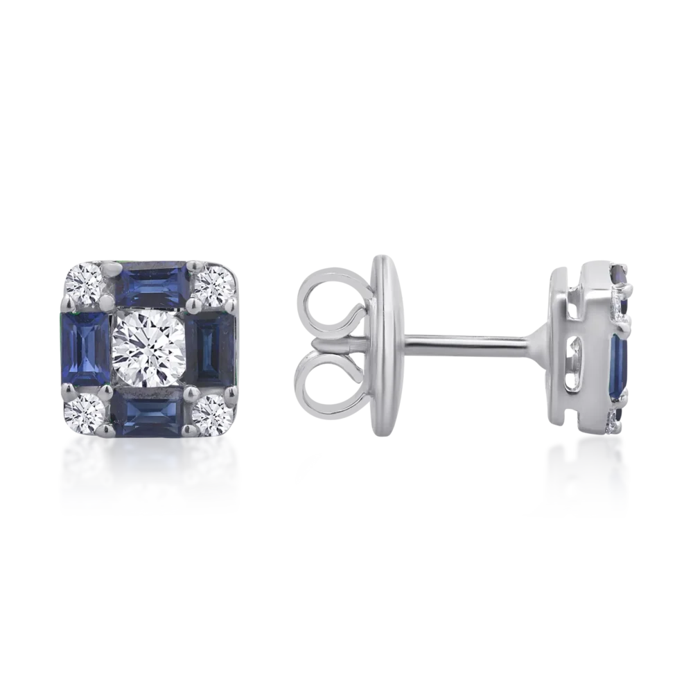 Cercei din aur alb cu safire baguette de 0.8ct si diamante rotunde de 0.38ct - imagine 3