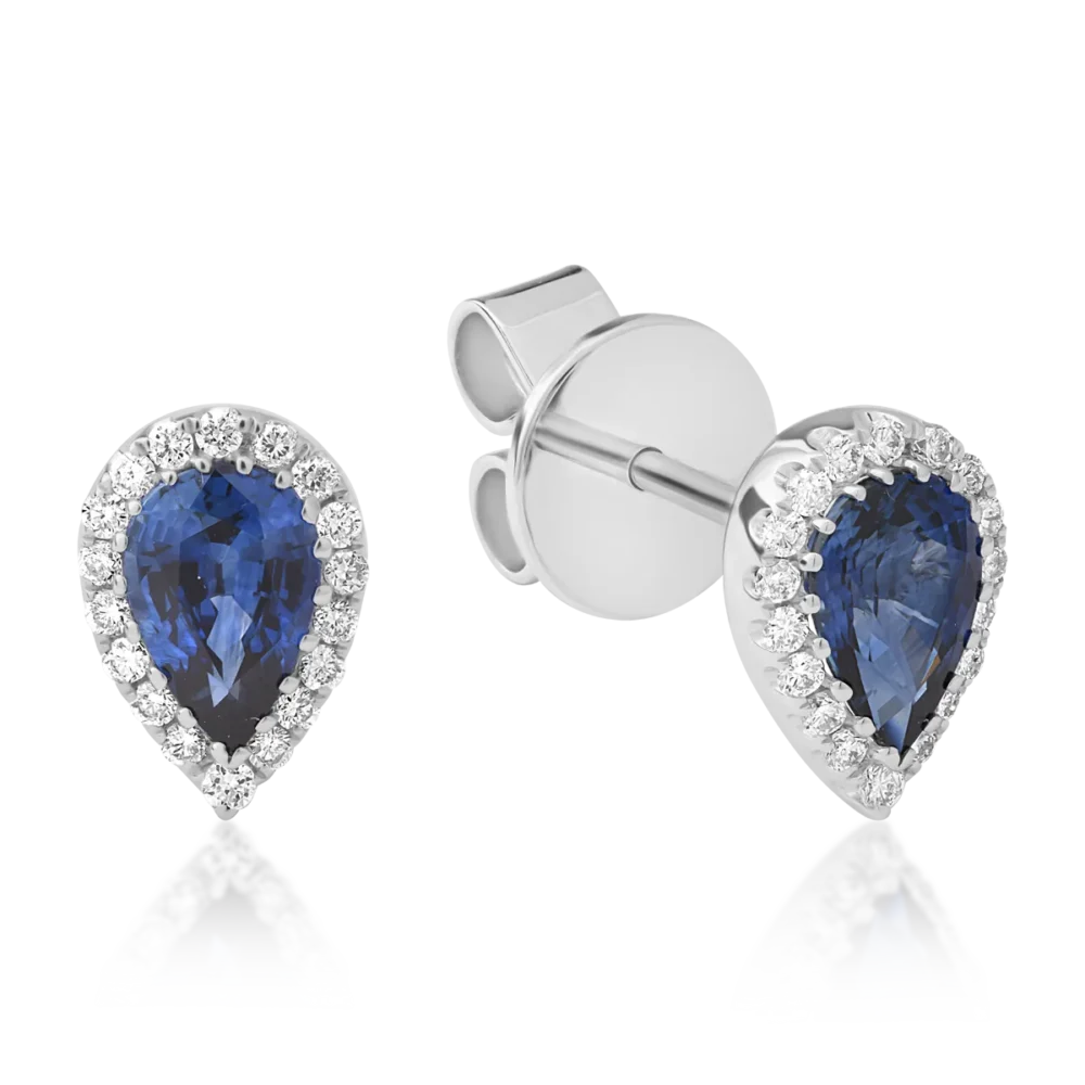 Cercei din aur alb cu safire pear de 0.9ct si diamante de 0.14ct