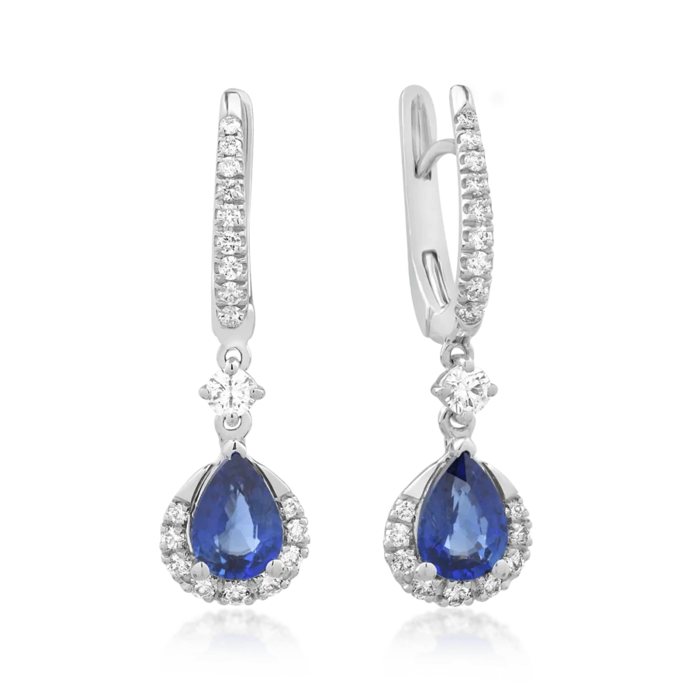 Cercei din aur alb cu safire pear de 1.47ct si diamante de 0.44ct