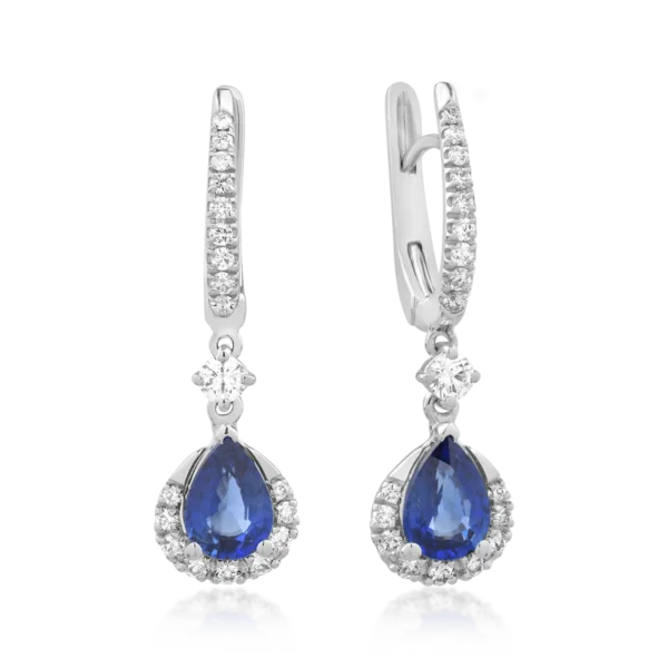 Cercei din aur alb cu safire pear de 1.47ct si diamante de 0.44ct