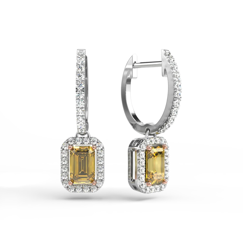 Cercei din aur alb cu safire galbene emerald de 1.1ct si diamante de 0.37ct