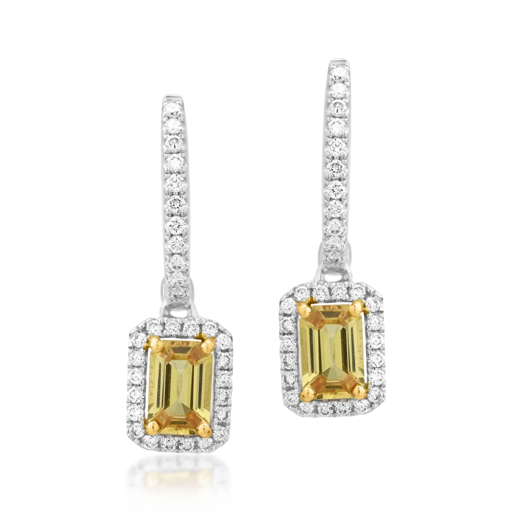 Cercei din aur alb cu safire galbene emerald de 1.26ct si diamante de 0.37ct - imagine 2