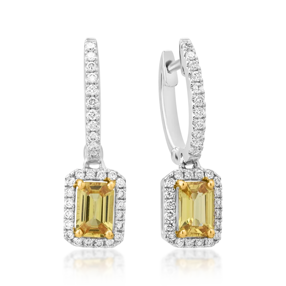 Cercei din aur alb cu safire galbene emerald de 1.26ct si diamante de 0.37ct