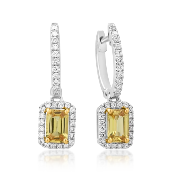 Cercei din aur alb cu safire galbene emerald de 1.26ct si diamante de 0.37ct