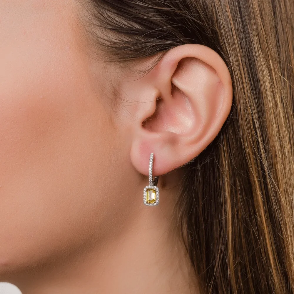 Cercei din aur alb cu safire galbene emerald de 1.26ct si diamante de 0.37ct - imagine 4