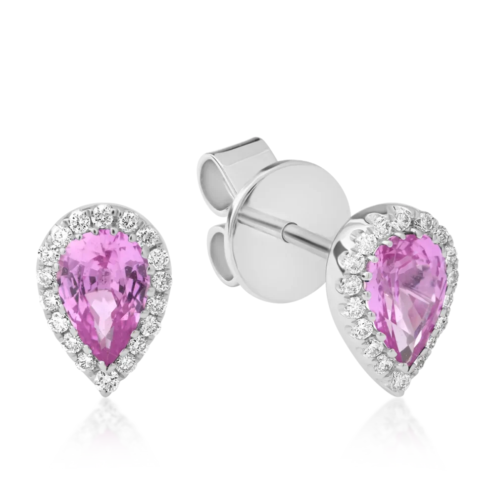 Cercei din aur alb cu safire roz pear de 0.84ct si diamante de 0.13ct
