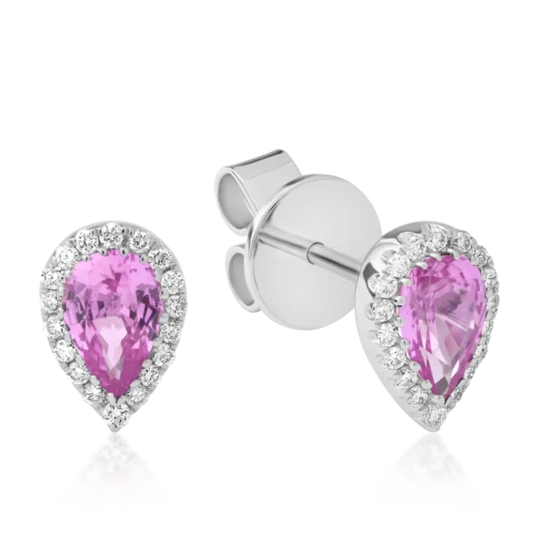 Cercei din aur alb cu safire roz pear de 0.84ct si diamante de 0.13ct