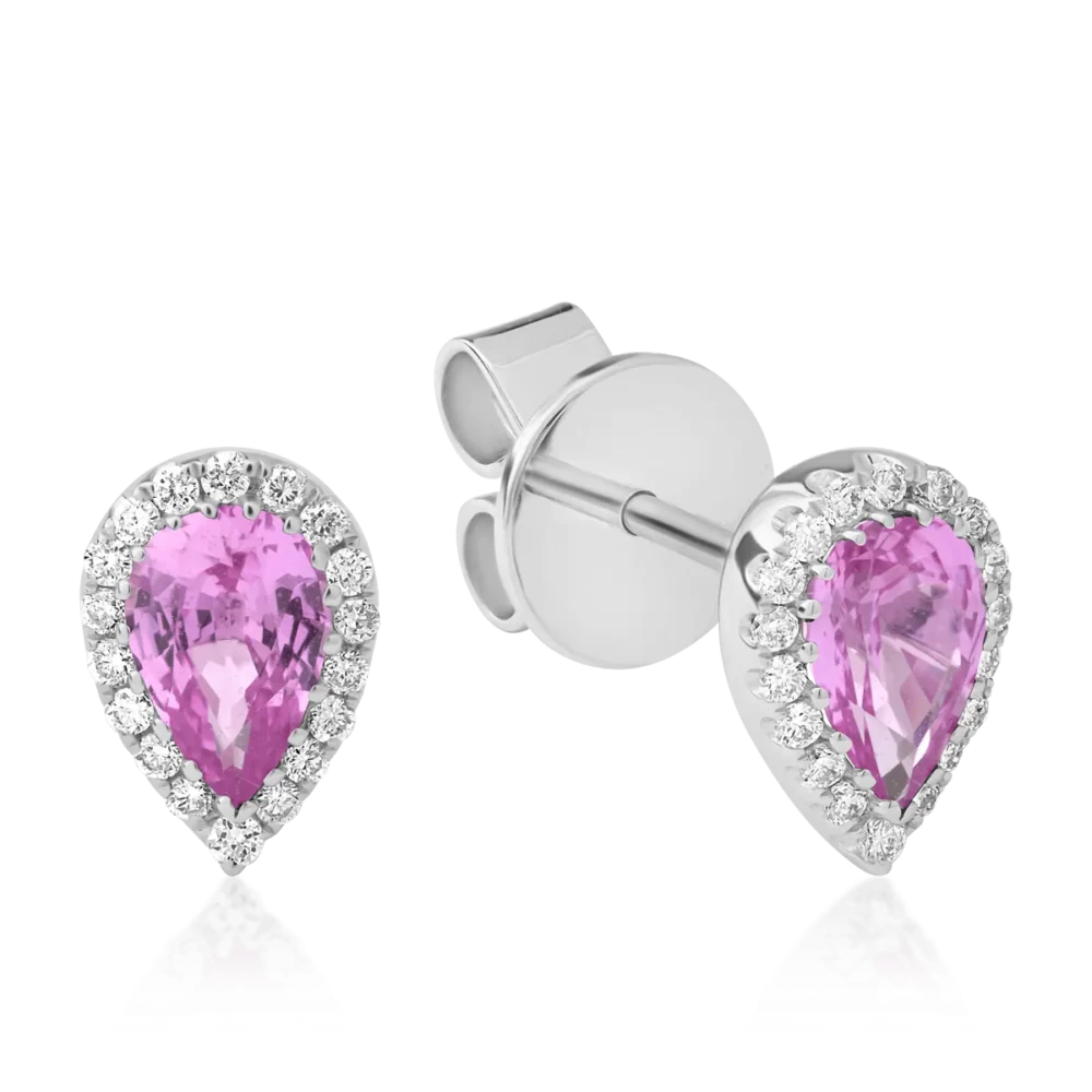 Cercei din aur alb cu safire roz pear de 0.96ct si diamante de 0.13ct