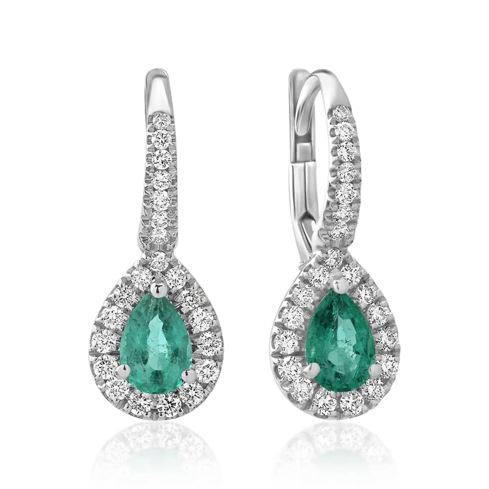 Cercei din aur alb cu smaralde pear de 0.71ct si diamante de 0.36ct