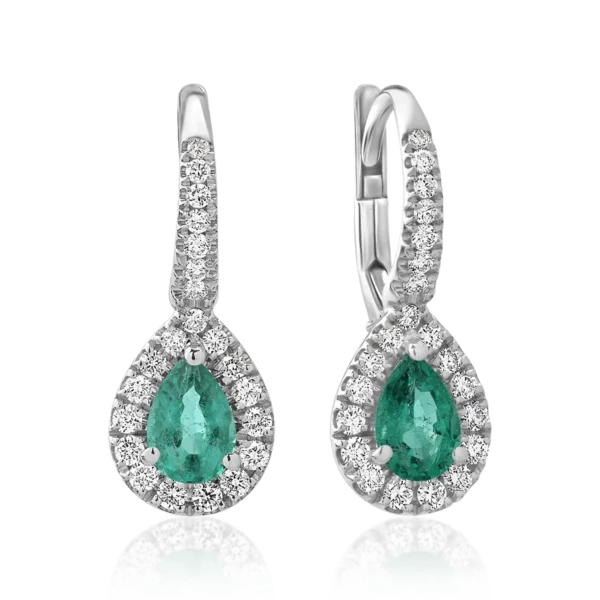 Cercei din aur alb cu smaralde pear de 0.71ct si diamante de 0.36ct