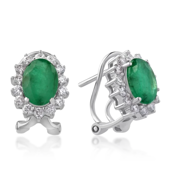 Cercei din aur alb cu smaralde ovale de 2.17ct si diamante round de 0.61ct
