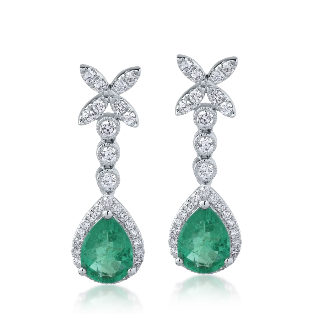 Cercei din aur alb cu smaralde pear de 2ct si diamante round de 0.6ct - imagine 2