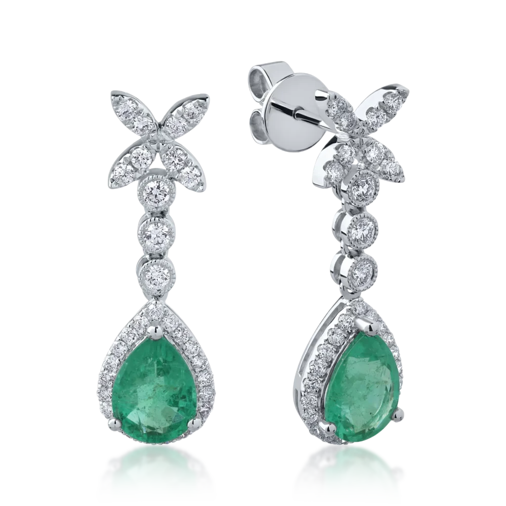 Cercei din aur alb cu smaralde pear de 2ct si diamante round de 0.6ct