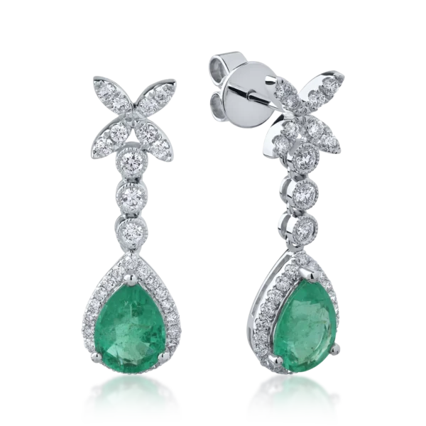 Cercei din aur alb cu smaralde pear de 2ct si diamante round de 0.6ct